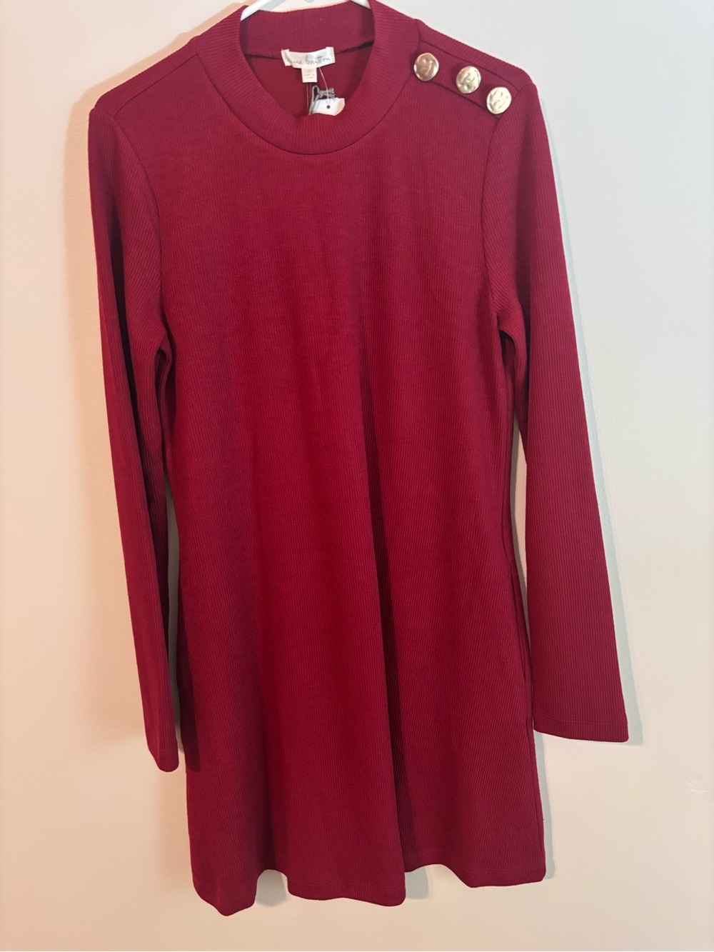 nine britton Red Ribbed Long-Sleeve Dress with Gold Shoulder Buttons